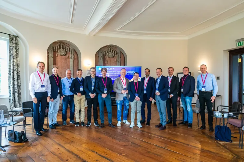 Group photo of all symposium participants (from left to right): Lars Neumann, Dr. J&uuml;rgen M&uuml;ller, Christof Schmidt, Dr. Stefan Poledna, Stephan Ilaender, Dr. Johannes Bohnet, Marc Hildebrandt, Tobias Naumann, Kamran Roske, Dr. Henrik Hahn, Dr. J&uuml;rgen Sturm, Sebastian Koch and Oliver Viel &mdash; Dirk Wollschl&auml;ger (not pictured)
