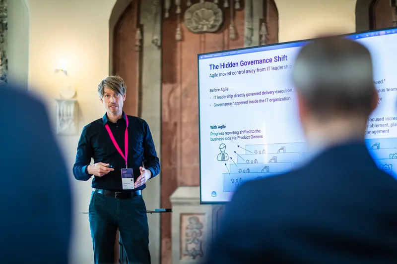 Dr. Johannes Bohnet presenting &ldquo;The Hidden Governance Shift&rdquo; &mdash; how Agile moved control away from IT leadership